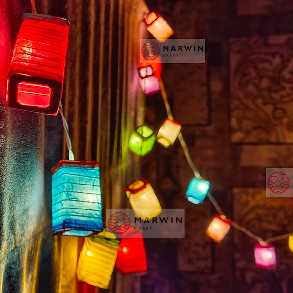 Squared Multi Color String Lights Japanese Paper Lantern Fairy Lights Bedroom Home Decor Living Room Wall Hanging Lights Dorm Battery & Plug