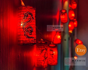 String Lights Mix 4 Design Red Dragon Yakuza Japanese Paper Lantern Lamp Shade Fairy Lights  Home Decor Room Hanging Dorm USB Battery Plug