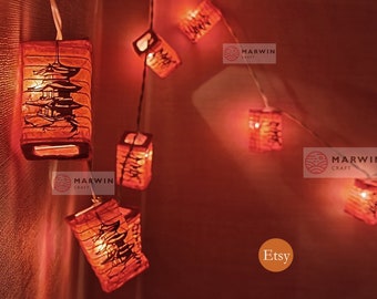 String Lights Orange Dawn Pagoda Japanese Paper Lantern Lamp Shade Fairy Lights Buddhist Temple Decor Room Hanging Dorm USB Battery Plug in