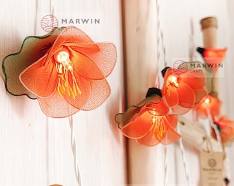 20 Orange String Lights Rain Lilly Flower Fairy Light Bedroom Home Decor Living Room Wall Hanging Lights Wedding Decor Dorm USB Battery Plug