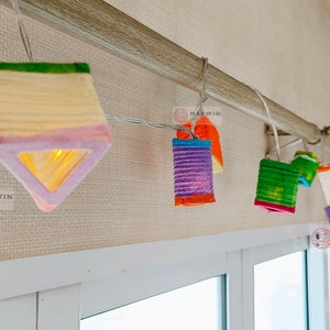 Multi Color Japanese Paper Lantern Fairy Lights Geometry Bedroom Home Decor Living Room Wall Hanging String Lights Dorm LED USB Battery Plug