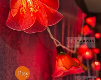 20 Pink String Lights Rain Lilly Flower Fairy Lights Bedroom Home Decor Living Room Wall Hanging Wedding Dorm Garland USB Battery Plug in