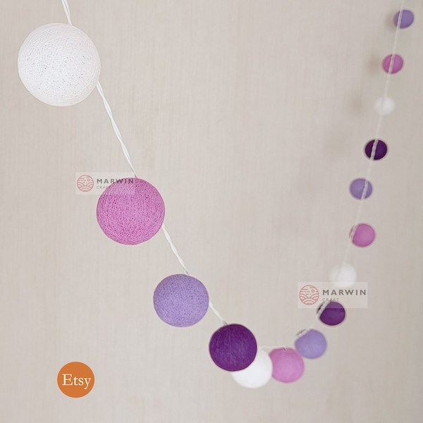 Purple String Lights Cotton Balls Fairy Lights Bedroom Home Decor Living Room Wall Hanging Lights Wedding Decor Dorm Lights Battery & Plug