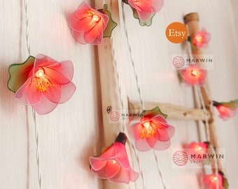 20 Pink String Lights Rain Lilly Flower Fairy Lights Bedroom Home Decor Living Room Wall Hanging Wedding Dorm Garland USB Battery Plug in