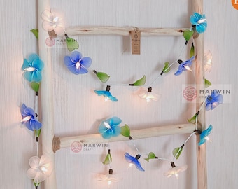 Handcrafted White Blue Sky Frangipani String Lights Flower Fairy Lights Bedroom Home Decor Living Room Wall Hanging Lights Decor Dorm Lights