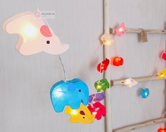 Multi Colorful String Lights Elephant Fairy Lights Bedroom Home Decor Living Room Wall Hanging Dorm Baby Animal Zoo Nursery USB Battery Plug