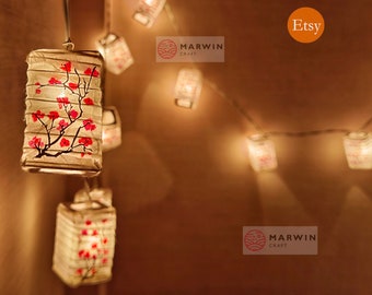 String Lights Craft Hand Paint Red Pink Sakura Tree Branch Cherry Blossom Japanese Paper Lantern Lamp Shade Fairy Lights Bedroom Home Decor