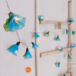 20 Blue String Lights Rain Lilly Flower Fairy Lights Bedroom Home Decor Living Room Wall Hanging Lights Wedding Decor Dorm USB Battery Plug