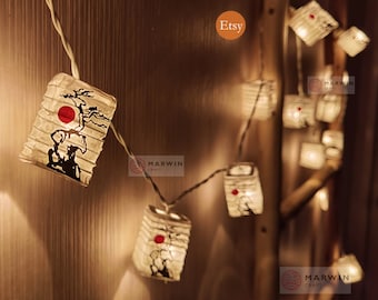 String Lights Mountain Bonsai Tree Sunset Japanese Paper Lantern Lamp Shade Fairy Lights Bedroom Home Decor Living Room Hanging Meditation