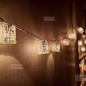 String Lights Bamboo Japanese Paper Lantern Lamp Shade Fairy Lights Bedroom Home Decor Living Room Hanging Light Dorm LED USB Battery Plug