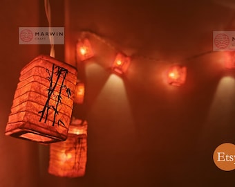 String Lights Orange Dawn Bamboo Japanese Paper Lantern Lamp Shade Fairy Lights Bedroom Home Decor Living Room Hanging Light Dorm Meditation