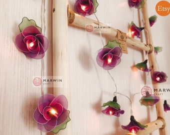 20 luces de cadena rosa púrpura luces de hadas de flores dormitorio decoración del hogar sala de estar luces colgantes de pared dormitorio de boda guirnalda enchufe de batería USB