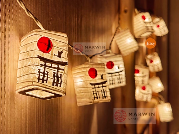 String Lights Torii Gate Sunset Crane Bird Japanese Paper Lantern Lamp Shades Fairy Lights Bedroom Home Decor Living Room Hanging Meditation