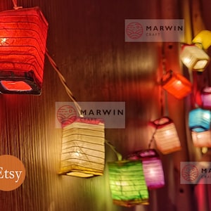 Squared Multi Color String Lights Japanese Paper Lantern Fairy Lights Bedroom Home Decor Living Room Wall Hanging Lights Dorm Battery & Plug image 2