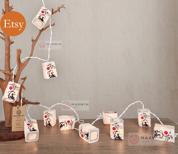 String Lights Mountain Bonsai Tree Sunset Japanese Paper Lantern