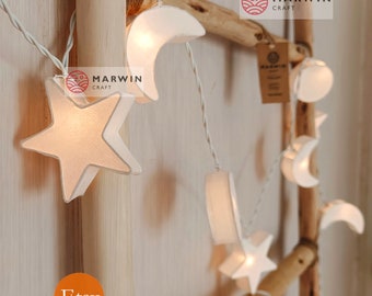 Luci a stringa bianche, luci di carta a forma di stella e luna, decorazioni per la casa, per camera da letto, soggiorno, luci da parete, decorazioni per dormitori, matrimoni, LED, batteria, spina USB