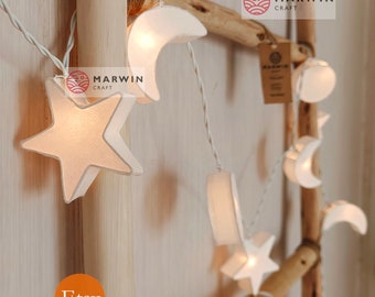 White String Lights Star Moon Paper Fairy Lights Bedroom Home Decor Living Room Wall Hanging Lights Dorm Decor Wedding LED USB Battery Plug