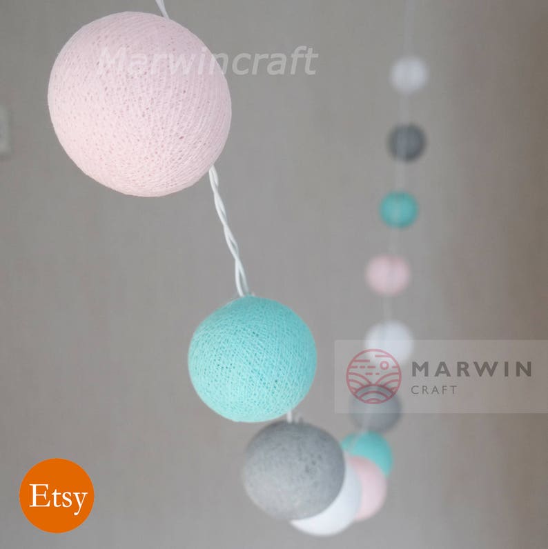 Soft Mint String Lights Cotton Balls Fairy Lights Bedroom Home Decor Living Room Wall Hanging Lights Wedding Decor Dorm Lights Battery Plug