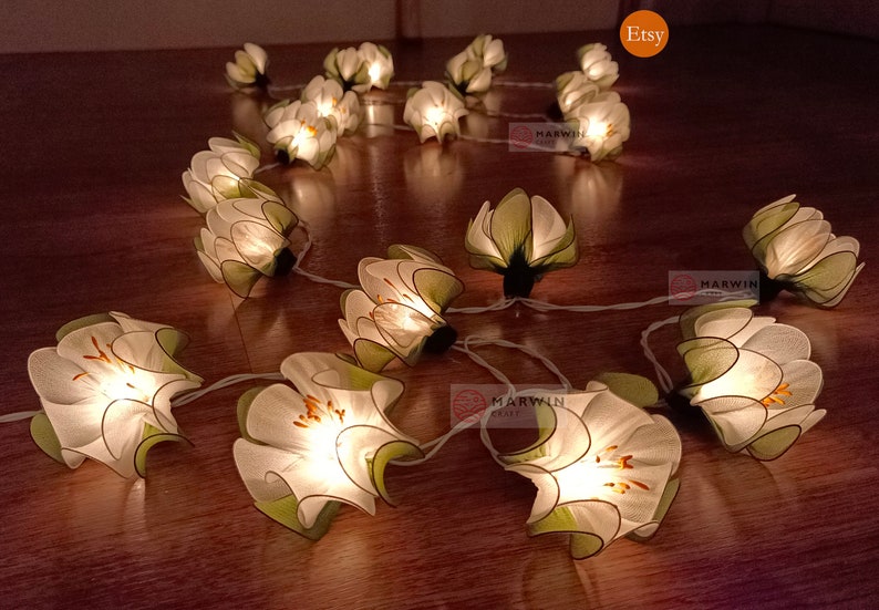 20 White String Lights Lotus Flower Fairy Lights Bedroom Home Decor Living Room Wall Hanging Lights Wedding Decor Dorm USB Battery & Plug in image 4