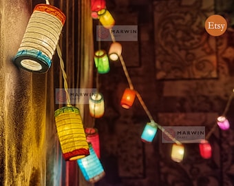 Guirlande lumineuse multicolore circulaire, lanterne en papier japonaise, guirlande lumineuse, chambre à coucher, décoration d'intérieur, salon, lumières suspendues, dortoir, prise de batterie USB