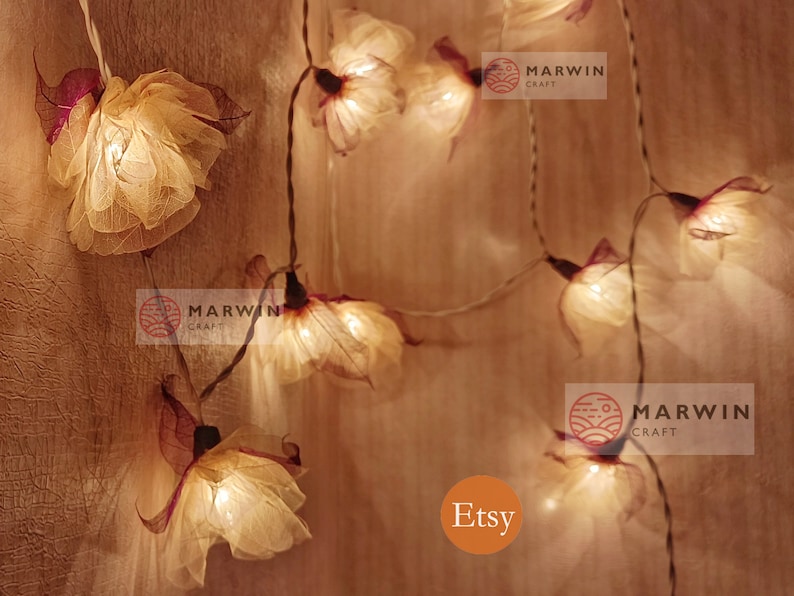 Beige Ivory Carnation String Lights Flower Fairy Lights Bedroom Home Decor Living Room Wall Hanging Lights Decor Dorm Light USB Battery Plug image 6