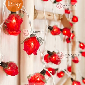 35 Red String Lights Rose Flower Fairy Lights Bedroom Home Decor Living Room Wall Hanging Lights Rustic Wedding Decor Wall Dorm Lights Plug image 5