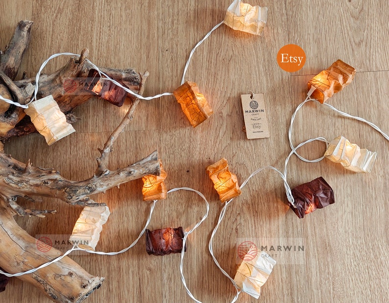 Beige Brown Earth String Lights Japanese Paper Lantern Fairy Lights Bedroom Home Decor Living Room Wall Hanging Lights Dorm USB Battery Plug imagen 4