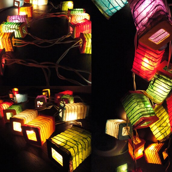 Squared Multi Color String Lights Japanese Paper Lantern Fairy Lights Bedroom Home Decor Living Room Wall Hanging Lights Dorm Battery Plug