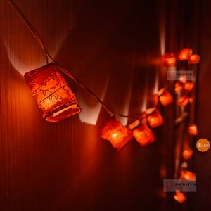 Orange Golden String Lights Japanese Paper Lantern Lamp Shade Fairy Lights Bedroom Home Decor Living Room Hanging Light Dorm Battery Plug