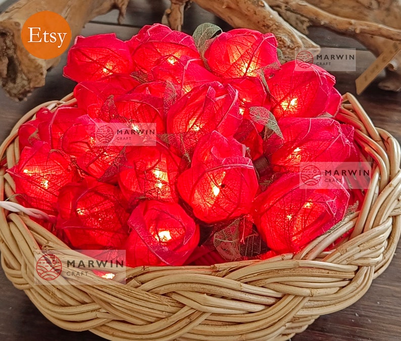 35 Red String Lights Rose Flower Fairy Lights Bedroom Home Decor Living Room Wall Hanging Lights Rustic Wedding Decor Wall Dorm Lights Plug image 9