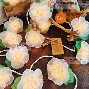 20 White String Lights Rose Flower Fairy Lights Bedroom Home Decor Living Room Wall Hanging Lights Wedding Decor Dorm Light Battery or Plug image 4