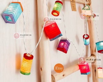 Colorful Japanese Paper Lantern Fairy Lights Mix Geometry Bedroom Home Decor Living Room Wall Hanging String Lights Dorm USB Battery Plug