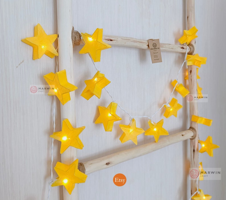 Yellow Mulburry Paper String Lights Star Fairy Lights Bedroom Home Decor Living Room Wall Hanging Lights Decor Dorm USB Battery or Plug image 4