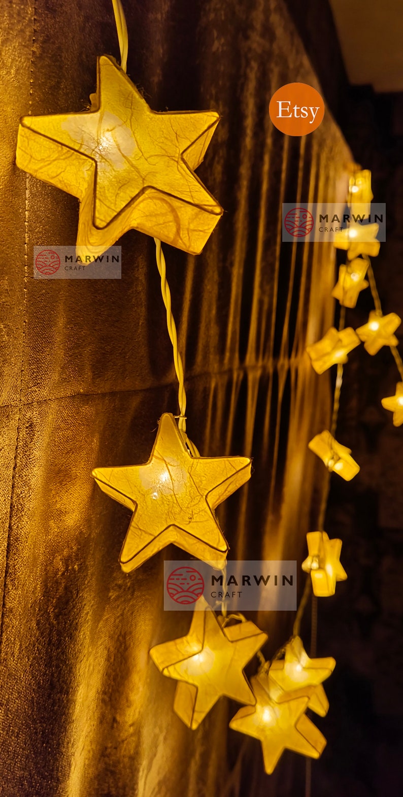 Yellow Mulburry Paper String Lights Star Fairy Lights Bedroom Home Decor Living Room Wall Hanging Lights Decor Dorm USB Battery or Plug image 2