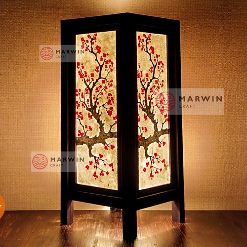 Luminária de cabeceira japonesa oriental com flor de cerejeira, estilo zen, para mesa de chão ou de cabeceira, com cúpulas de papel, ideal para decoração de quarto e sala de estar.