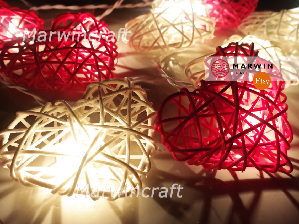 20 35 Red White String Lights Heart Rattan Fairy Lights Bedroom Home ...