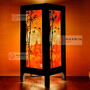 Asian Oriental Orange Evening Bird Bamboo Lantern Japanese Lamp Zen Bedside Floor Table Lamp Shades Paper Bedroom Home Decor Dorm Desk