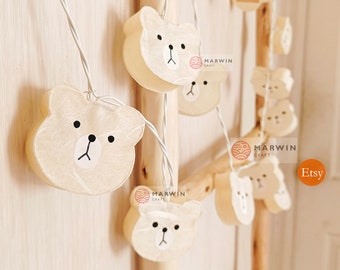 Paper String Lights Ivory Cream Teddy Bear Fairy Light Bedroom Home Decor Living Room Wall Hanging Light Dorm Decor Nursery USB Battery Plug