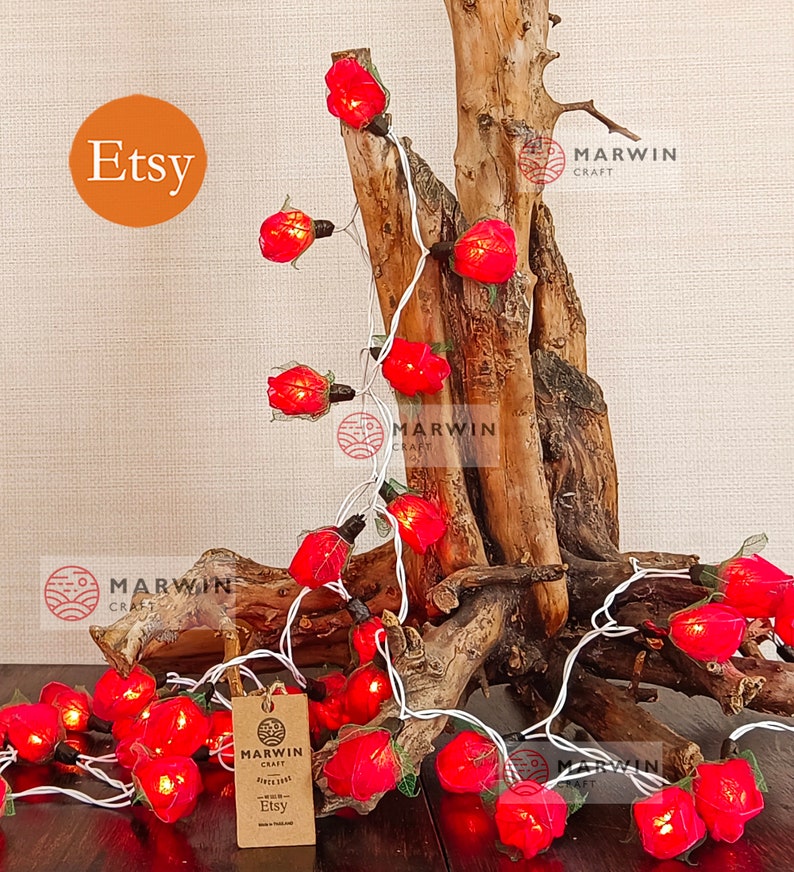 35 Red String Lights Rose Flower Fairy Lights Bedroom Home Decor Living Room Wall Hanging Lights Rustic Wedding Decor Wall Dorm Lights Plug image 8