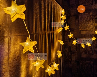 Yellow Mulburry Paper String Lights Star Fairy Lights Bedroom Home Decor Living Room Wall Hanging Lights Decor Dorm USB Battery or Plug