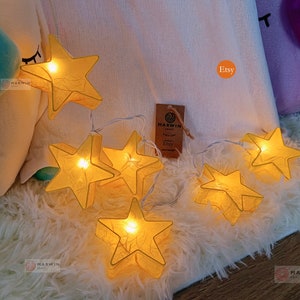 Yellow Mulburry Paper String Lights Star Fairy Lights Bedroom Home Decor Living Room Wall Hanging Lights Decor Dorm USB Battery or Plug image 6