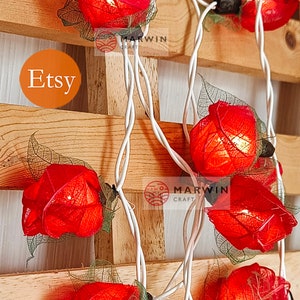 35 Red String Lights Rose Flower Fairy Lights Bedroom Home Decor Living Room Wall Hanging Lights Rustic Wedding Decor Wall Dorm Lights Plug image 6