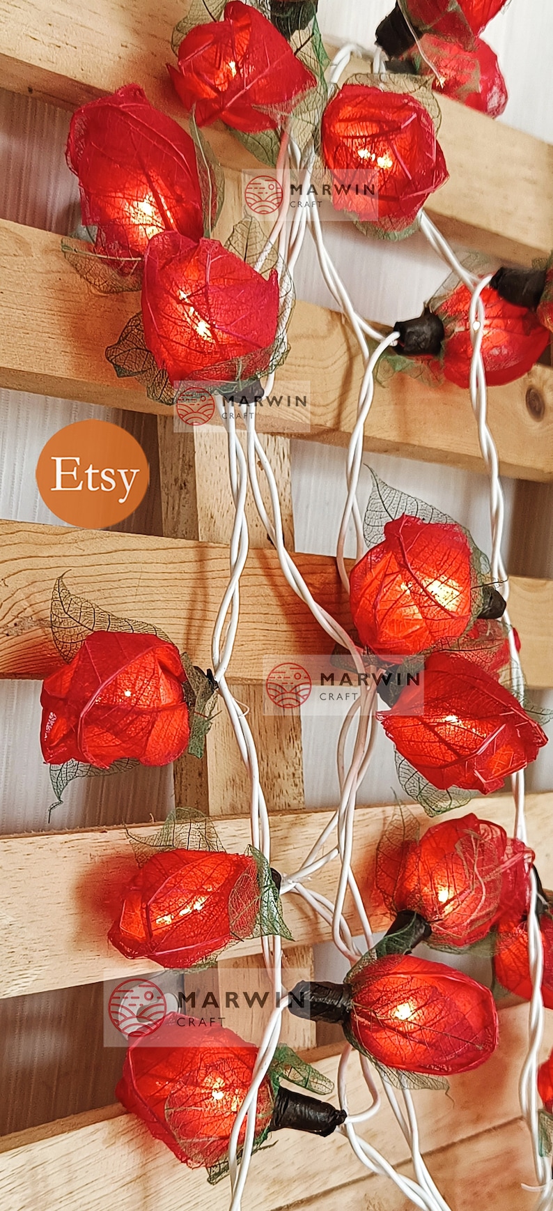 35 Red String Lights Rose Flower Fairy Lights Bedroom Home Decor Living Room Wall Hanging Lights Rustic Wedding Decor Wall Dorm Lights Plug image 6