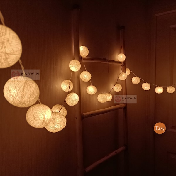 Elfenbein Beige Lichterkette Baumwollkugeln Lichterkette Schlafzimmer Wohnkultur Wohnzimmer Wandbehang Lichter Hochzeitsdeko Wohnheim Licht Batteriestecker