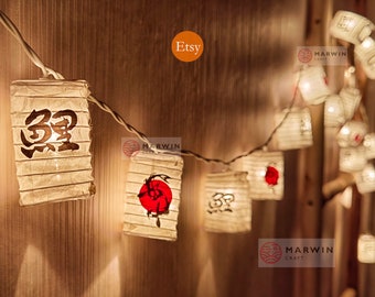 String Lights Lucky Sunset Koi Fish Kanji Japanese Paper Lantern Lamp Shade Fairy Lights Bedroom Home Decor Living Room Hanging Light Dorm