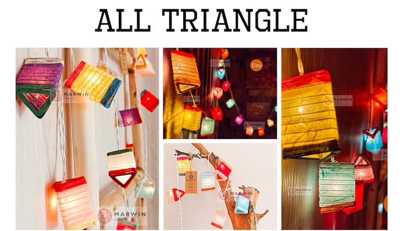 May include: String lights with colorful, geometric paper lanterns in various shapes, including triangles and rectangles. The lanterns are lit from within, creating a warm glow. The text "ALL TRIANGLE" is at the top.