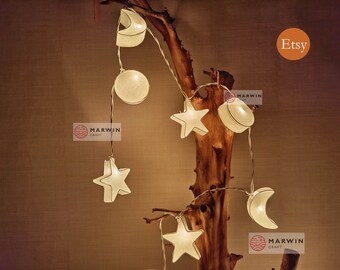 Luci a stringa bianche, luci di carta a forma di stella e luna, decorazioni per la casa, per camera da letto, soggiorno, luci da parete, decorazioni per dormitori, matrimoni, LED, batteria, spina USB