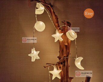 White String Lights Star Moon Paper Fairy Lights Bedroom Home Decor Living Room Wall Hanging Lights Dorm Decor Wedding LED USB Battery Plug