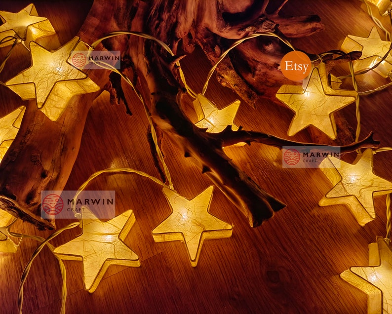 Yellow Mulburry Paper String Lights Star Fairy Lights Bedroom Home Decor Living Room Wall Hanging Lights Decor Dorm USB Battery or Plug image 3