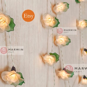 20 White String Lights Rose Flower Fairy Lights Bedroom Home Decor Living Room Wall Hanging Lights Wedding Decor Dorm Light Battery or Plug image 9